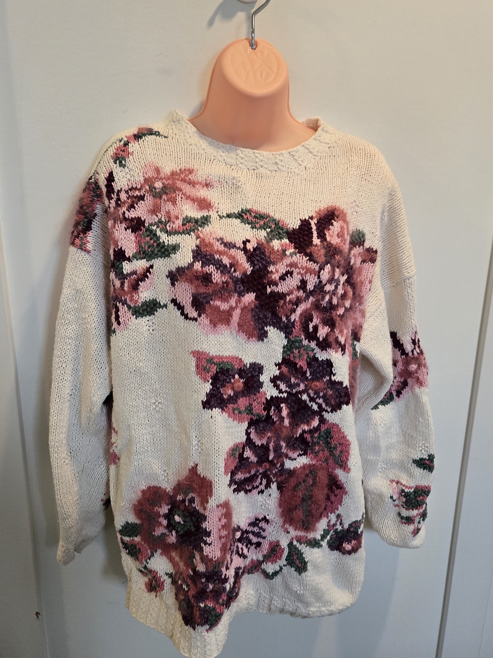 Vintage Paris Sports Club Hand Knit Floral Sweater Cottagecore Oversized Size L